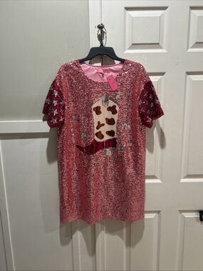 Simply Southern Pink Sequin Shirt Dress featuring a cowboy boot size S/M NWT